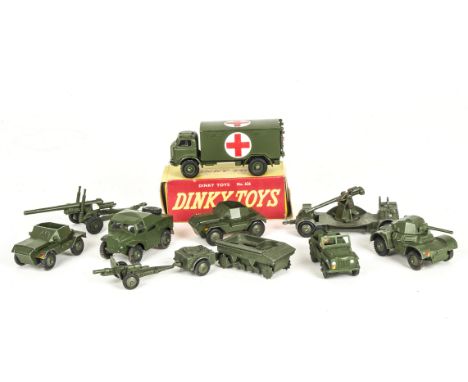 Military Dinky Toys, 626 Military Ambulance, with glazing, in original box, loose 673 Scout Car (2), 688 Field Artillery Trac