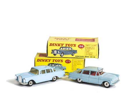 Dinky Toys 177 Opel Kapitan, light greyish blue, red interior, spun hubs, 186 Mercedes-Benz 220SE, light blue body, off-white