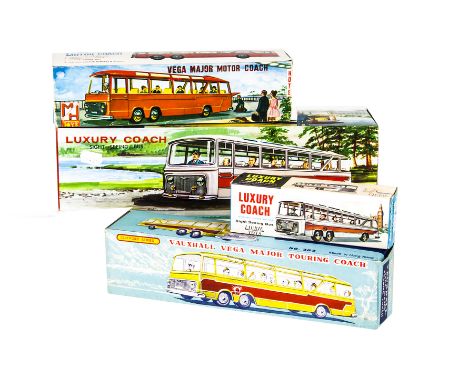 Hong Kong Friction Drive Vega Major Luxury Coaches, four examples, all differing scale plastic copies of the Dinky Toys 952 V