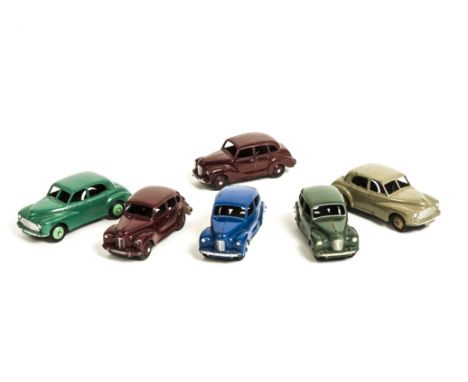 Dinky Toy Cars, 40d Austin Devon, maroon body and hubs (2), 152 Austin Devon (2), first dark blue body, mid-blue hubs, second