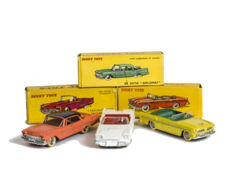 French Dinky Toy Cars, 545 De Soto Diplomat, salmon pink body, 24a Chrysler New Yorker, lemon yellow body, 555 Ford Thunderbi