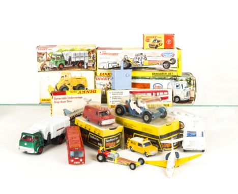 Dinky Toys 274 A.A Mini Van, 945 AEC Esso Fuel Tanker, 283 Single Deck Bus, 976 Michigan Tractor Dozer, 410 Bedford Van, 355 