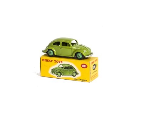 A Dinky Toys 181 Volkswagen Saloon, green body, mid-green hubs, in original box, E, box VG 