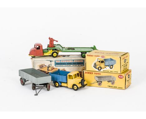 Dinky Toys 410 Bedford End Tipper, yellow cab and hubs, mid-blue back, 428 Trailer, Crescent Toys No.1274 Scammel Scarab Low 