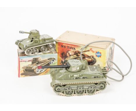 A Gescha Tinplate Battery Operated Remote Control Sherman M4 Tank, light grey body, white rubber tracks, grey tin remote,  ne