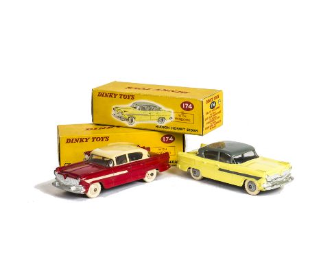 Dinky Toys 174 Hudson Hornet, two examples, first red body, cream roof, beige hubs, second yellow body, grey roof, light grey