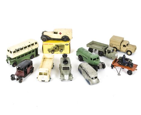 Loose Dinky Toy Commercials, 36g Taxi with driver, 29b Streamlined Bus, 25r Forward Control Lorry, 25d Petrol Tank Lorry, typ