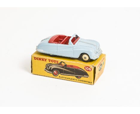 A Dinky Toys 106 Austin Atlantic Convertible, light blue body, red interior, cream hubs, in original box, VG-E, box F 