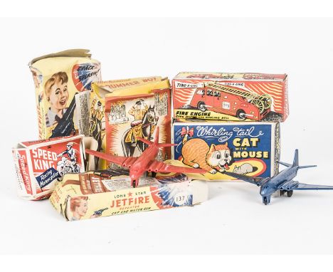 Wells Brimtoy Marx Lone Star Tin and Plastic Toys, Marx Whirling Tail clockwork plastic Cat with Mouse, Wells-Brimtoy clockwo