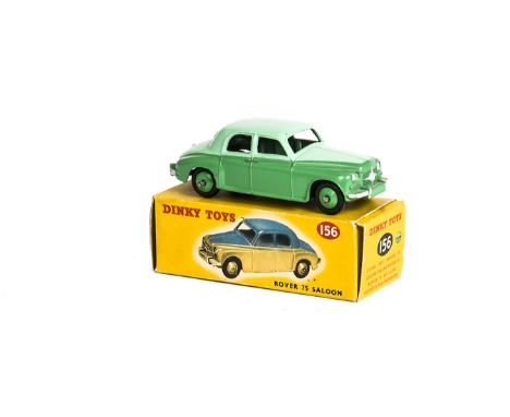 A Dinky Toys 156 Rover 75 Saloon, two-tone issue, light green upper body, green lower body and hubs, in original box, E, box 