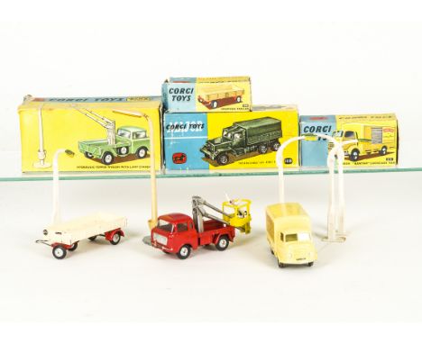 Corgi Toys 411 Karrier Bantam Lucozade Van, 1118 International 6x6 Army Truck, 100 Dropside Trailer, Gift Set 14 Hydraulic To