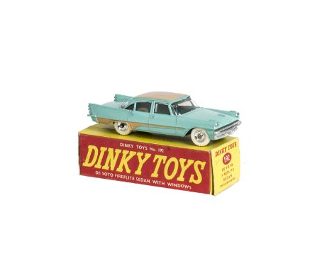 A Dinky Toys 192 De Soto Fireflite Sedan, turquoise body, light tan roof and flash, spun hubs, in original box, E, box F-G 