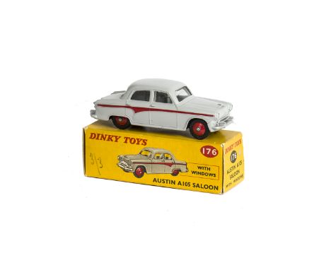 A Dinky Toys 176 Austin A105 Saloon, grey body, red panel line and hubs, in original box, E, box G 