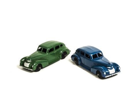 Dinky Toys 39e Chrysler Royal Sedan, two examples, first green body, second blue body, both black ridged hubs, G-VG (2) 