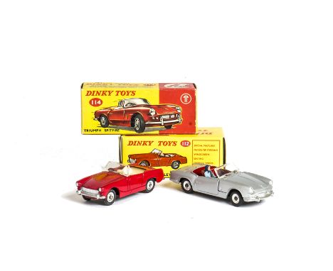 Dinky Toys 112 Austin Healey Sprite, red body, spun hubs, 114 Triumph Spitfire, silver body, red interior, female driver, spu