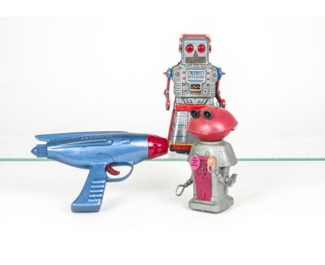 A Yoshiya (K.O) Japan Tinplate Atom Robot, detailed tinprinted robot with crank wind action, Marx Toys Hong Kong wind up plas