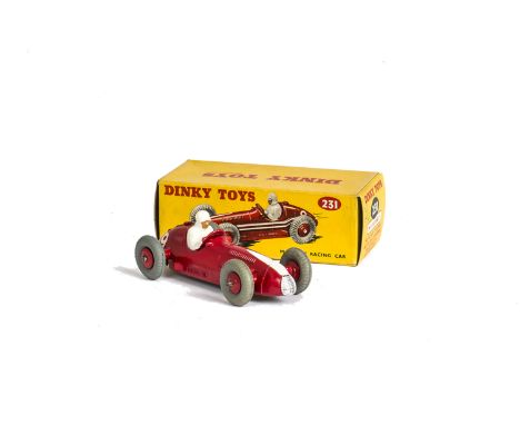 A Dinky Toys 231 Maserati Racing Car, red body and hubs, white flash, white RN9, in original box, E, box VG 