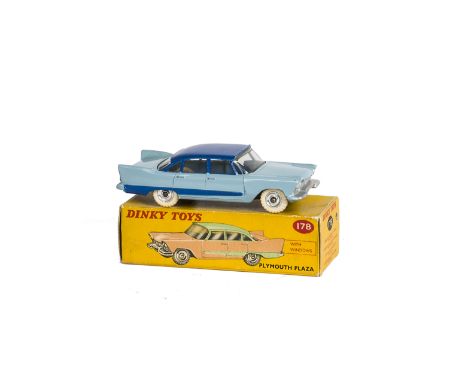 A Dinky Toys 178 Plymouth Plaza, light blue body, dark blue roof and side flash, spun hubs, in original box, E, box F-G 