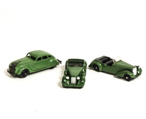 A Dinky Toys 30a Chrysler Airflow Saloon, green body, black ridged hubs, 38c Lagonda, green body, dark green seats, light gre