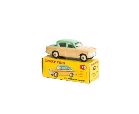 A Dinky Toys 175 Hillman Minx Saloon, light brown body, green roof and boot, beige hubs, in original box, E, box F 