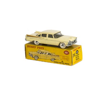 A Dinky Toys 191 Dodge Royal Sedan, cream body, tan rear flash, spun hubs, in original box, E, box F-G 