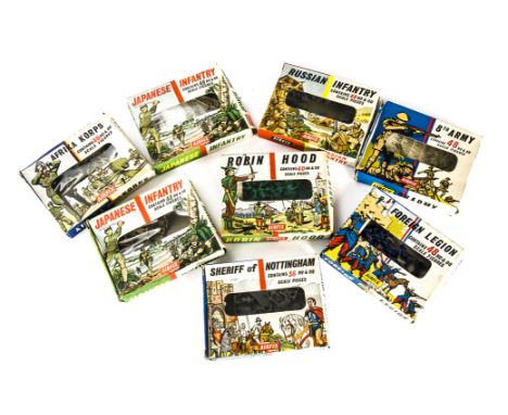 Airfix 1/72 scale 1st type cellophane window boxed sets Robin Hood,  Foreign Legion, Japanese (2), Sheriff of Nottingham, 8th