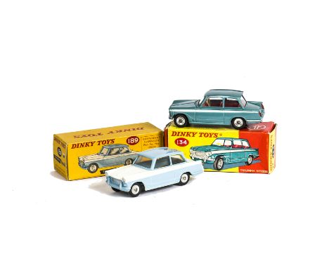 Triumph by Dinky Toys, 134 Triumph Vitesse, metallic aqua body, red interior, spun hubs, 189 Triumph Herald, light blue/white