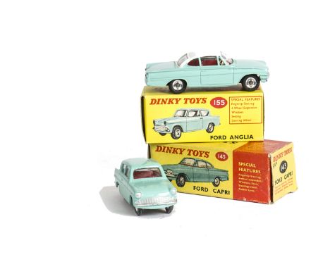 Dinky Toys 143 Ford Capri, turquoise body, white roof, red interior, spun hubs, 155 Ford Anglia, turquoise body, red interior