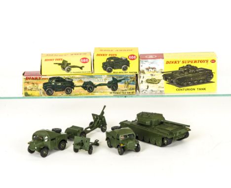 Dinky Toys 697 25-Pounder Field Gun Set, 651 Centurion Tank, 686 25-Pounder Field Gun, 688 Field Artillery Tractor, all later