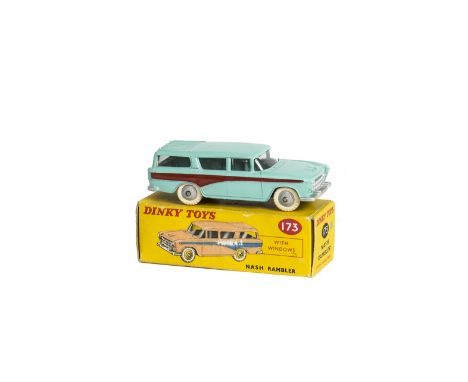 A Dinky Toys 173 Nash Rambler Station Wagon, turquoise body, red flash, grey hubs, in original box, E, box G 