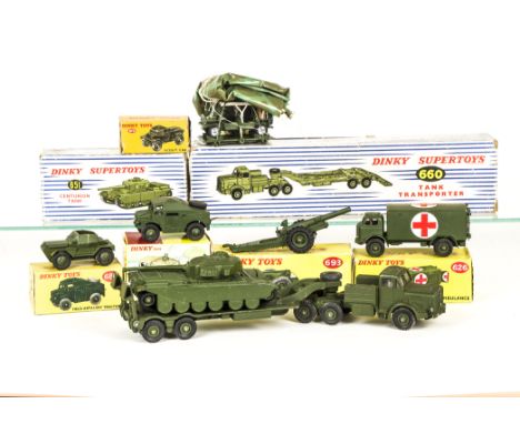 Dinky Supertoys 660 Tank Transporter, 651 Centurion Tank, 601 Austin Para-Moke, 673 Scout Car, late issue 626 Military Ambula