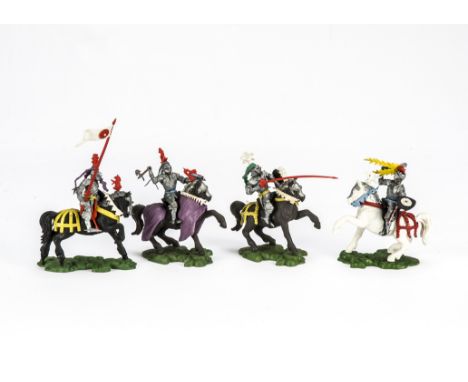Britains Herald mounted Swoppet knights, 5 G, 3 F, (8) 3 missing visors, 1 missing scabbard, otherwise complete,  1 repainted