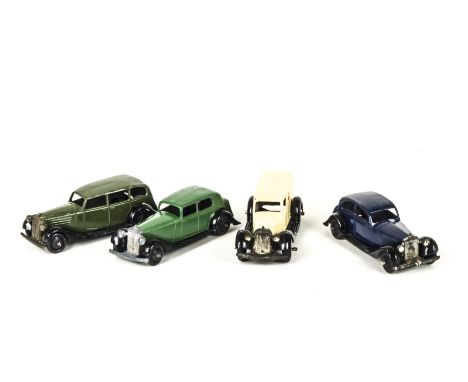 30 Series Dinky Toys, 30b Rolls-Royce, dark blue body, black type 4 chassis, 30c Daimler, green body, black type 4 chassis, 3