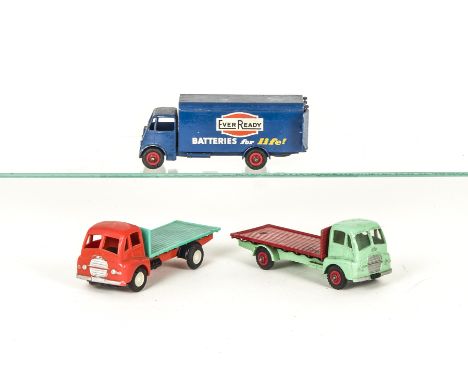 Dinky Toys 432 Guy Warrior Flat Truck, light green cab and chassis, red flatbed and hubs, with TAT Hong Kong plastic friction