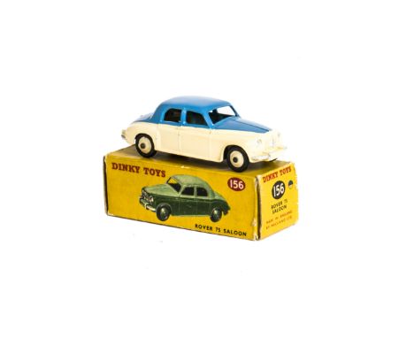 A Dinky Toys 156 Rover 75 Saloon, two-tone issue, blue upper body, cream lower body and hubs, in original box, E, box P-F 