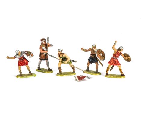 Elastolin 70mm plastic 2nd version Vikings (2), Normans (2) and a Roman, F-G, a few faults, (5), 1 Viking missing sword. Norm