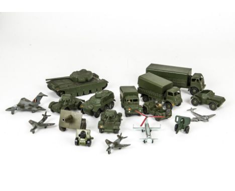 Military Dinky Toys, including 651 Centurion Tank, 622 10-Ton Army Truck, 623 Army Wagon, 641 1-Ton Cargo Truck, 735 Gloster 