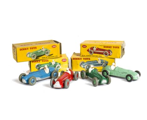 Dinky Toy Racing Cars, 230 Talbot Lago, 232 Alfa Romeo, 233 Cooper-Bristol, 235 H.W.M, in original boxes, VG-E, some retouchi
