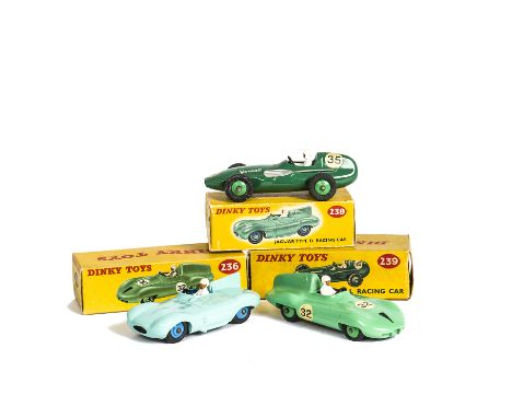 Dinky Toy Racing Cars, 236 Connaught Racing Car, 239 Vanwall Racing Car, 238 Jaguar D-Type Racing Car, in original boxes, E, 