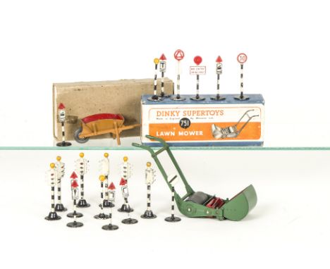 Dinky Supertoys 751 Lawn Mower, 49 Petrol Pumps &amp; Oil Bin Set, loose Road Signs (13), Traffic Lights (6), Wheel Barrow, F