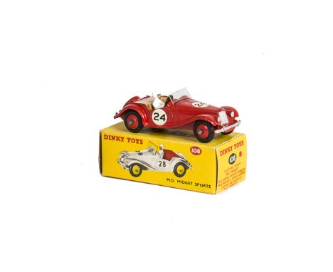 A Dinky Toys 108 MG Midget Sports, red body and hubs, brown interior, white driver, RN24, in original box, E, box VG 