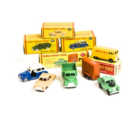 Dublo Dinky Toys, 061 Ford Prefect, 064 Austin Lorry, 067 Austin Taxi, 071 Volkswagen Delivery Van, 073 Land Rover &amp; Hors