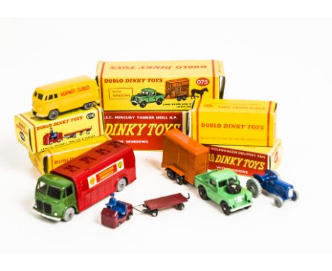 Dublo Dinky Toys, 069 Massey-Harris Tractor, 070 AEC Tanker, 071 Volkswagen Delivery Van, 073 Land Rover &amp; Horse Trailer,