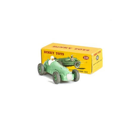 A Dinky Toys 235 H.W.M Racing Car, pale green body, mid-green hubs, yellow RN7, in original box, E, few minor marks, box G-VG