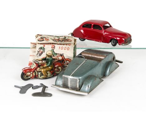 Schuco Tinplate Clockwork Curvo 1000 Motorbike, detailed tinprinted motorcycle in red with dark green and brown rider, 'Schuc