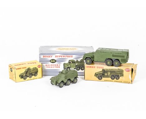 Dinky Supertoys 661 Recovery Tractor, 677 Armoured Command Vehicle, 676 Armoured Personnel Carrier, in original boxes, VG-E, 