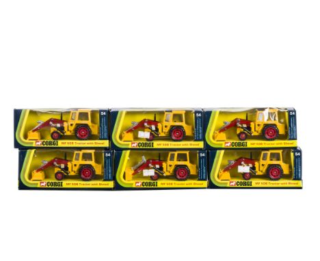 Corgi Toys 54 Massey Ferguson MF 50B Tractor With Shovel, six examples, in original boxes, E, boxes VG (6) 