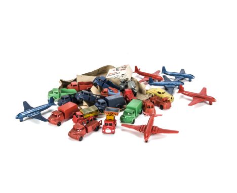 Various 1950s-1960s plastic Toy Vehicles and Aeroplanes, Trade box of 9 hard plastic trucks in various colours, in box for 12