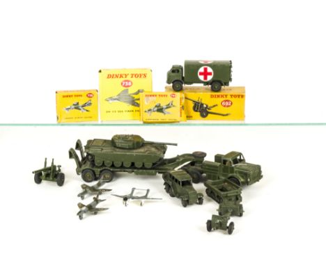 Military Dinky Toys, 692 5.5 Medium Gun, 738 DH 110 Sea Vixen Fighter, 736 Hawker Hunter Fighter, 734 Supermarine Swift Fight