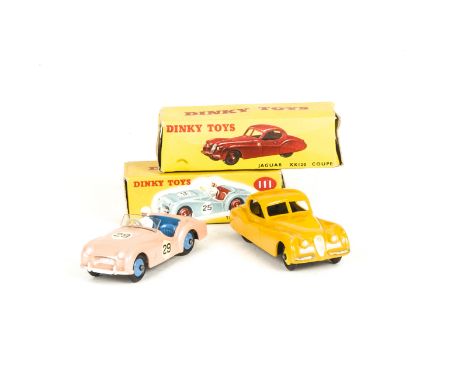 Dinky Toys 111 Triumph TR2 Sports, competition finish, pink body, blue interior and hubs, RN29, 157 Jaguar XK120 Coupe, dark 